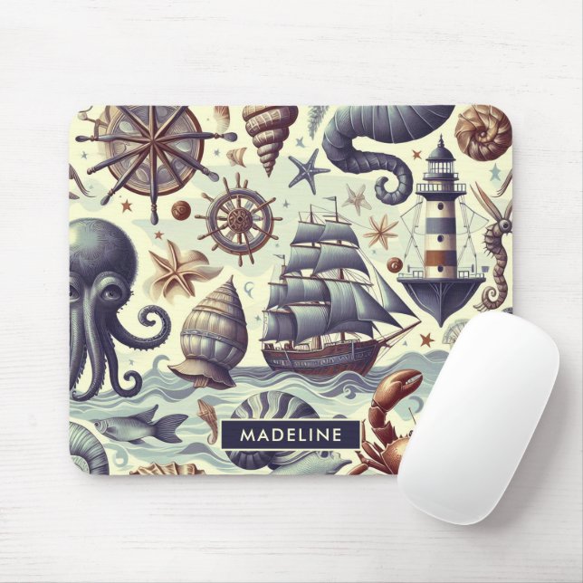 Vintage Nautical Sjöliv Illustration Musmatta (Med mus)