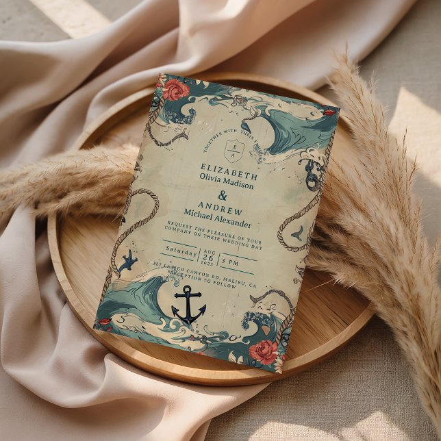 Vintage Nautical Waves & Rope Wedding Inbjudningar (Skapare uppladdad)