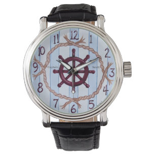 Vintage nautisk fartygsratt kustrandstrip Custom Armbandsur