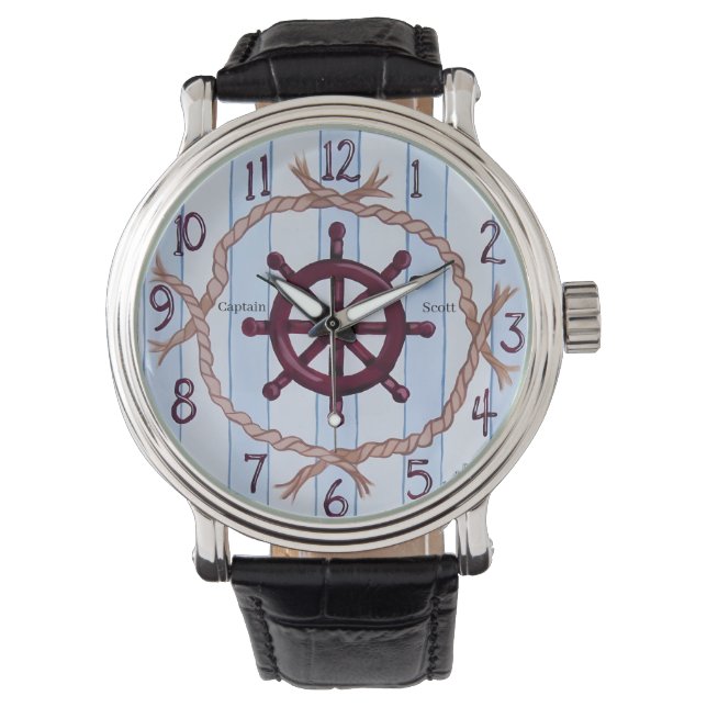 Vintage nautisk fartygsratt kustrandstrip Custom  Armbandsur (Framsida)