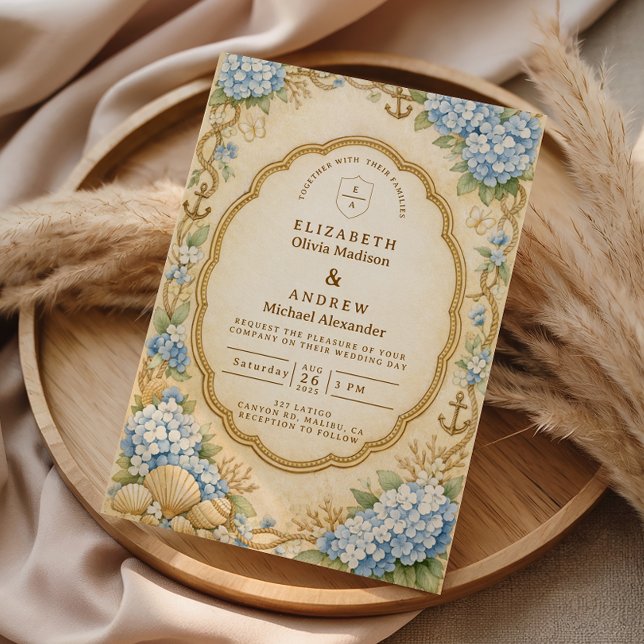 Vintage nautiska hortensia bröllop inbjudningar (Skapare uppladdad)
