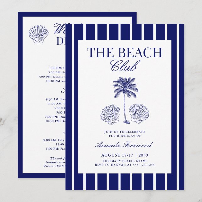 Vintage Navy Beach Club Födelsedagshelg Inbjudningar (Fram/baksida)