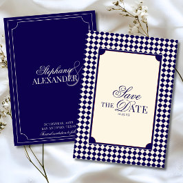 Vintage Navy Blue Checkered Old Money Wedding Spara Datumet
