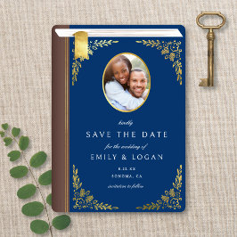 Vintage Navy Blue Gold Book Photo Wedding  Spara Datumet
