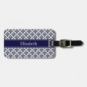 Vintage Navy Blue Wht Damask #3 Navy Namn Monogram Bagagebricka
