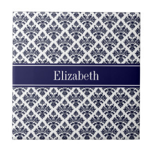 Vintage Navy Blue Wht Damask #3 Navy Namn Monogram Kakelplatta