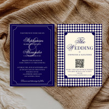 Vintage Navy Checkered Old Money QR Code Wedding