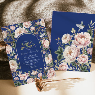 Vintage Navy Chinoiserie Peony Möhippa Inbjudningar