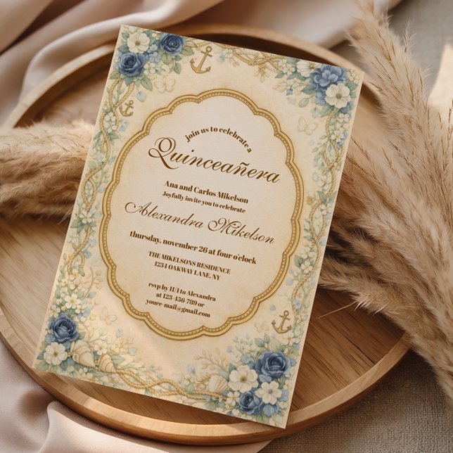 Vintage Navy Coastal Quinceañera Inbjudningar (Skapare uppladdad)