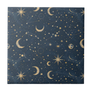 Vintage Navy Elfenbensfärg Astrologi Månens Konste Kakelplatta