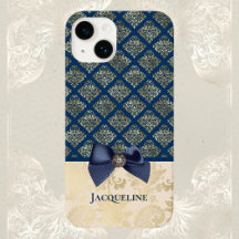 Vintage Navy Guld Damask Titta med Bow och Namn