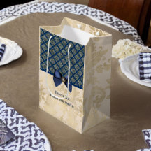 Vintage Navy Guld Damask Titta Tack med Namn