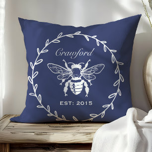 Vintage Navy Honey Bee Lagerhonung Binmonogram Kudde