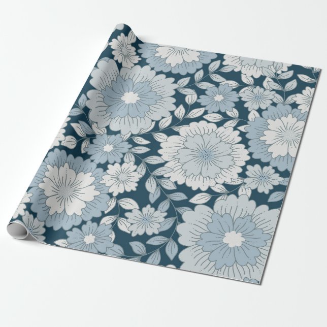 Vintage Navy och Stålblå Groovy Blommor Presentpapper (Utrullad)