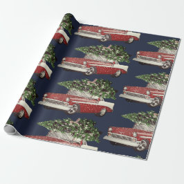 Vintage Navy & Red Car Träd överst Presentpapper