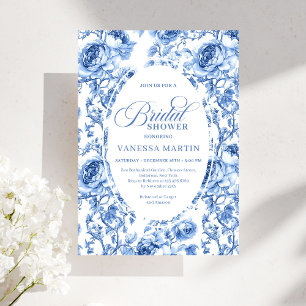 Vintage Navy Toile de Jouy Rosor Bröllopsdusch Inbjudningar