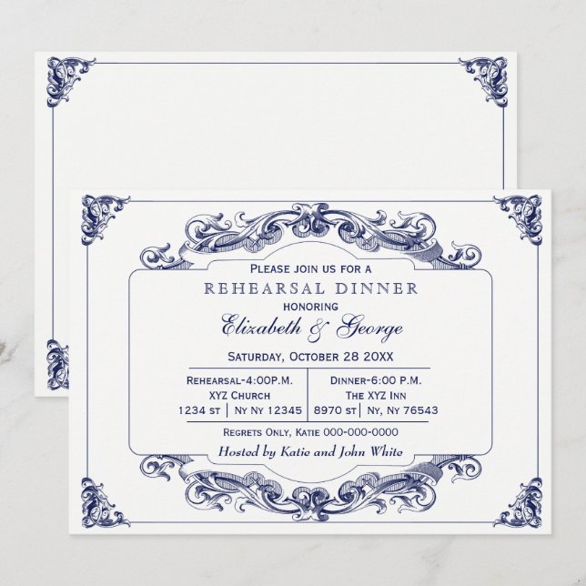 Vintage Navy White Elegant Rehearsal Dinner Inbjudningar (Fram/baksida)
