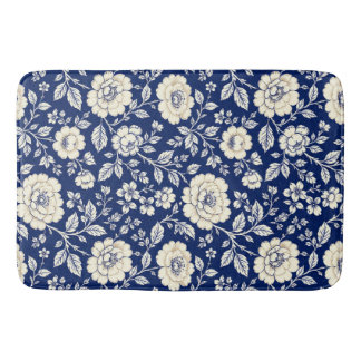 Vintage Navyblå & Crème Blommigt Mönstrat Täcke Badrumsmatta