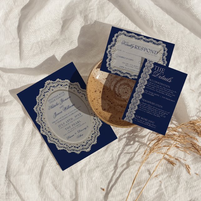 Vintage Navyblå Spetsdoily Old Money Bröllop  Inbjudningar (Skapare uppladdad)
