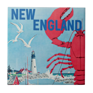 Vintage New England Lobster Lighthouse Travel Kakelplatta