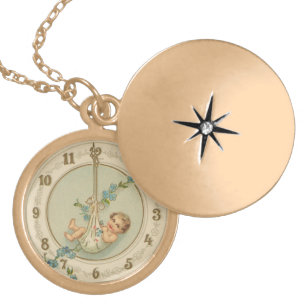 Vintage New Years Baby Clock Guldpläterat Halsband