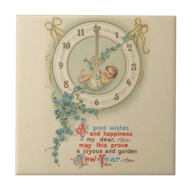 Vintage New Years Baby Clock Kakelplatta (Framsidan)