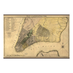 Vintage New York City Plan, 1789, återställd Fototryck