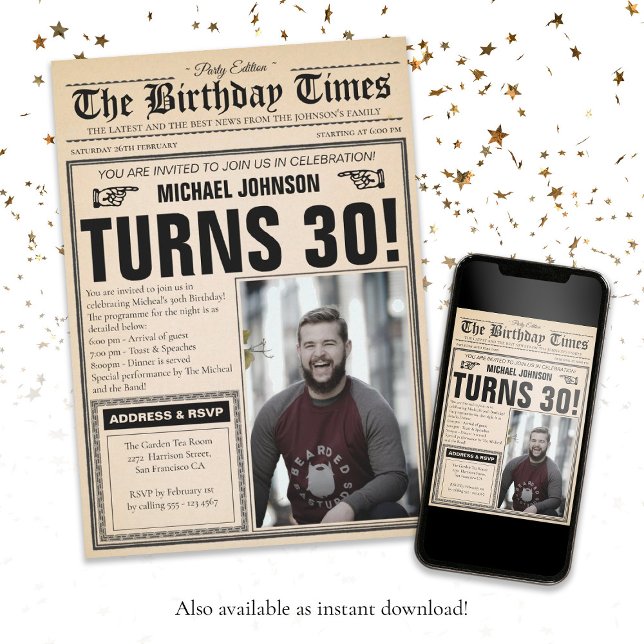 Vintage Newspaper 30års födelsedag Roligt Anpassni Inbjudningar (Vintage Newspaper 30th Birthday Fun Custom Photo Invitation)