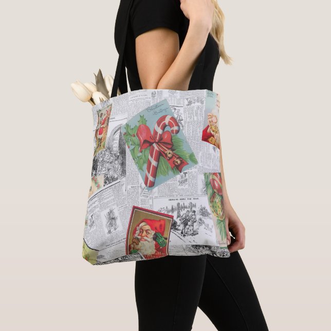 Vintage Newspaper Christmas Card Collage Tote Tygkasse (Närbild)