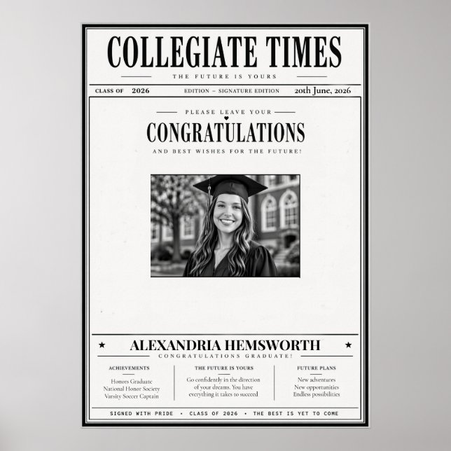 Vintage Newspaper Graduation Autograph Poster (Framsidan)