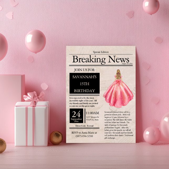 Vintage Newspaper Quinceañera Salmon Rosa Inbjudningar (Skapare uppladdad)