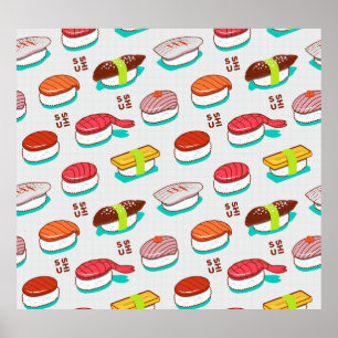 Vintage nigiri sushi, doodle mönster poster
