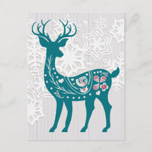 Vintage Nordic Elk Hjort med Snöflingor Helgdag Vykort