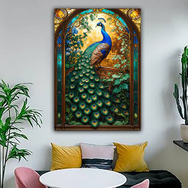 Vintage Nouveau Revival Påfågel Fönster Poster