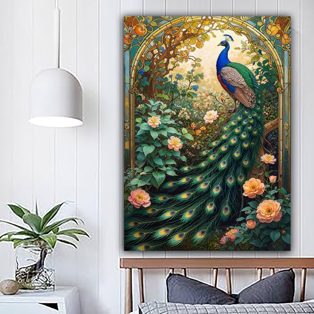 Vintage Nouveau Revival Påfågel Fönster Poster (Skapare uppladdad)