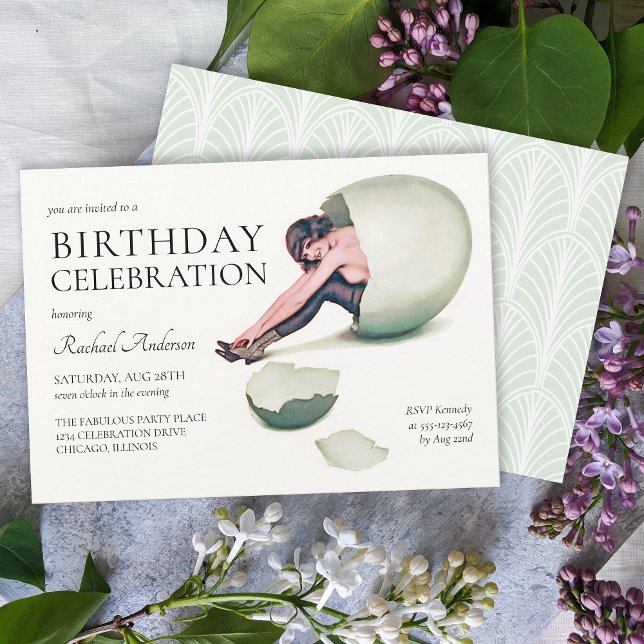 Vintage Nouveau Woman Funny Födelsedagsfest Inbjudningar (A chic art nouveau style flapper hatches from an egg in this fun birthday party invitation.
)