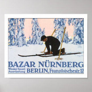 Vintage Nurnburg Tyskland Ski Travel Poster Skriv