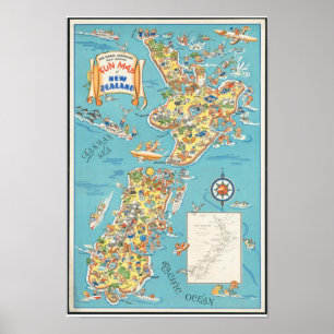 Vintage Nya Zeelands Roligt Karta Sydön Poster