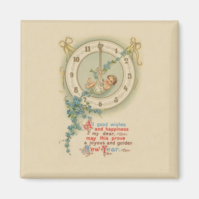 Vintage Nyårsbarnklocka Magnet (Framsidan)
