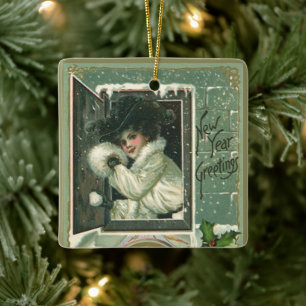 Vintage Nyårshälsningar, Victorian Flicka Fönster Julgransprydnad Keramik