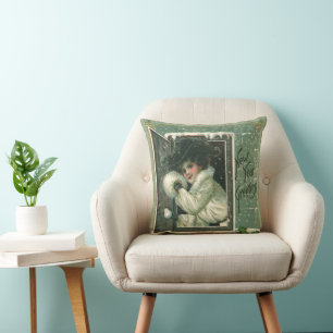 Vintage Nyårshälsningar, Victorian Flicka Fönster Kudde