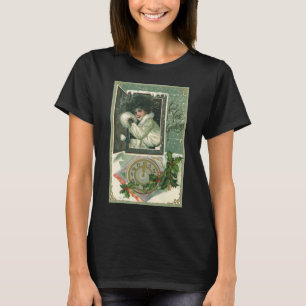 Vintage Nyårshälsningar, viktoriansk flicka fönste T Shirt