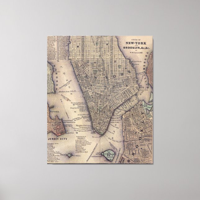 Vintage NYC och Brooklyn Karta (1847) Canvastryck (Framsida)