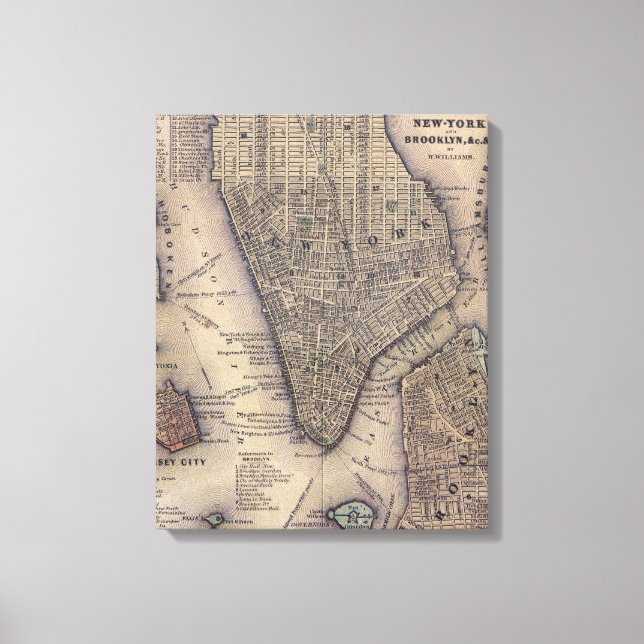 Vintage NYC och Brooklyn Karta (1847) Canvastryck (Framsida)