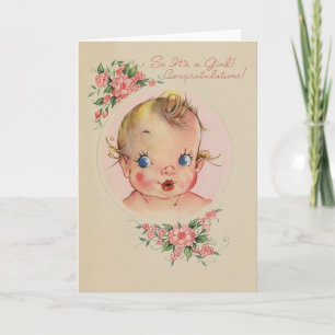 Vintage Nyfödd bebis Girl Grattiss Card Kort