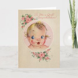 Vintage Nyfödd bebis Girl Grattiss Card Kort