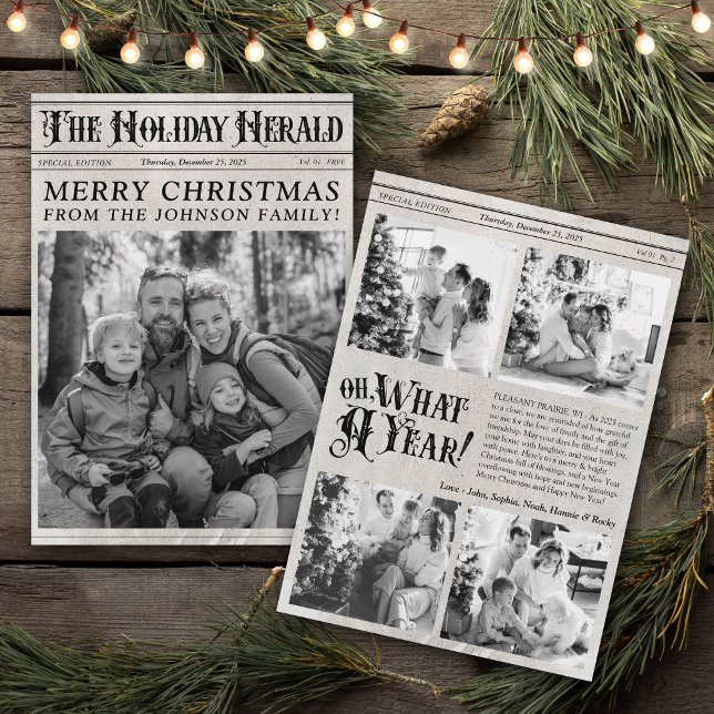 Vintage - nyhetsblad: ett års fotopul julkort (Unique modern vintage newspaper multi-photo what a year Holiday Herald best Christmas photo cards )