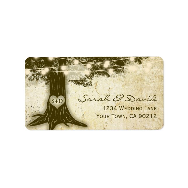 Vintage Oak Träd String Ljus Bröllop Adressetikett (Framsidan)