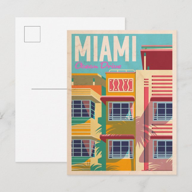 vintage Ocean Drive Miami Vykort (Fram/baksida)