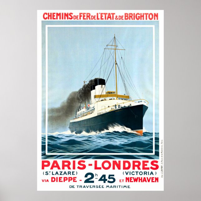 VINTAGE OCEAN LINER PARIS LONDON TRAVEL POSTER (Framsidan)